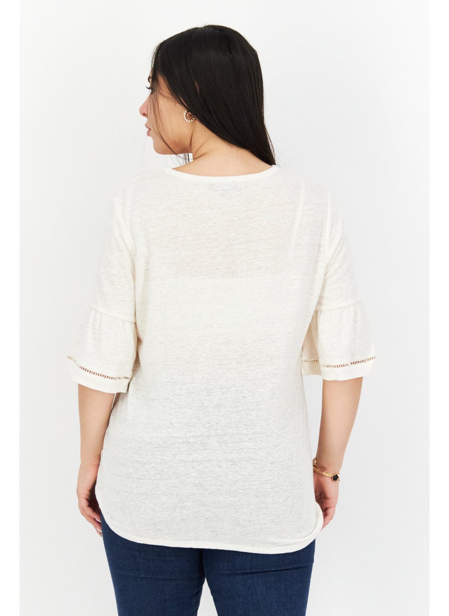 Jones New York - Women V-Neck 3/4 Sleeves Solid Blouse, Cream - Image 1