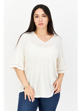 Women V-Neck 3/4 Sleeves Solid Blouse, Cream