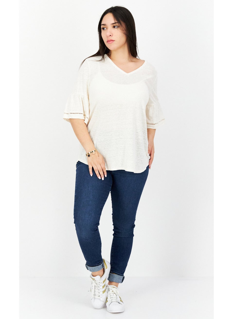Jones New York - Women V-Neck 3/4 Sleeves Solid Blouse, Cream - Image 1