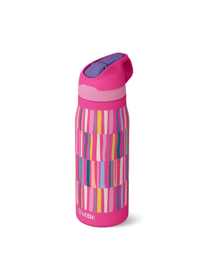 Ottle 24oz Insulated Cute Travel Water Bottle - Slim Leakproof Tumbler Stainless Steel - BPA-Free - Gym Accessories Small Water Bottles Gift for Women Men Mom - Pink Candy Stripes Allover - Image 1