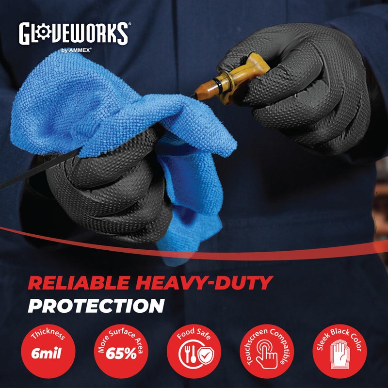 GLOVEWORKS HD Industrial Black Nitrile Gloves with Raised Diamond Texture Grip, Box of 100, 6 Mil, Size Medium, Latex Free, Powder Free, Textured, Disposable, Food Safe, GWBN44100-BX - Image 2