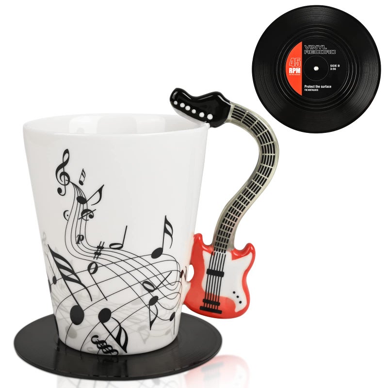Maustic Guitar Mug for Men and Women  Music Lover Gifts for Players Teachers  Christmas Birthday Present  13 Oz Ceramic With Vinyl Record Coaster Red Guitar