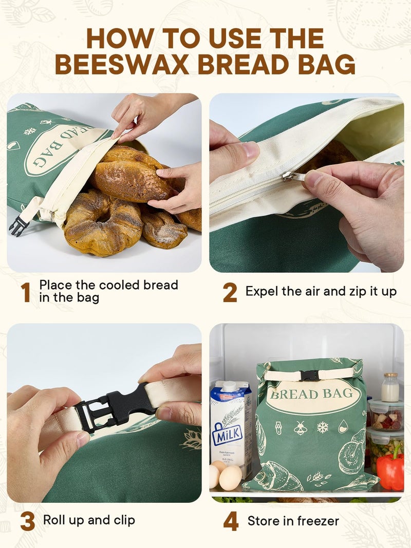 CUIJIALAHA 2 Pack Zippered Beeswax Bread Bags 17Ã—13 Inch Large Cotton Sourdough Bread Bags Reusable Bread Storage Bags for Homemade Bread Freezer Safe for Bagel Croissant & Baguette Kitchen Baking Supplies - Image 4
