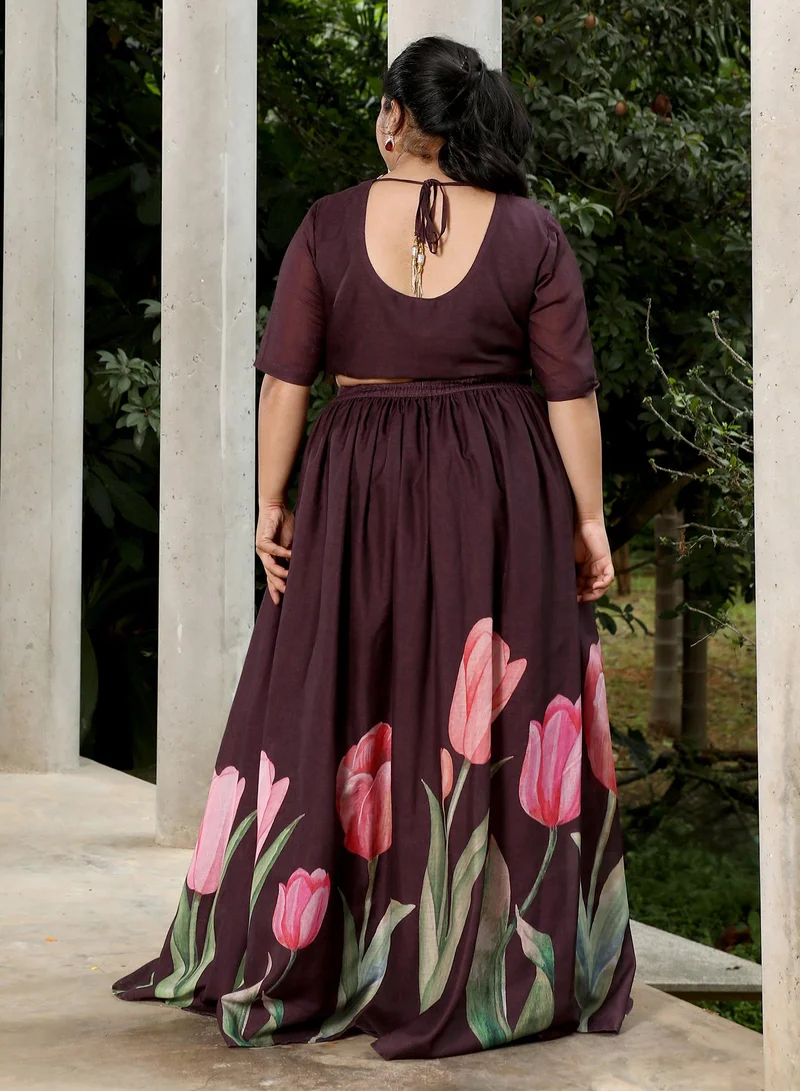 Instafab Plus  Instafab Plus Women's Burgundy Red Foliage-Roses Imprint Co-Ord Set For Ethnic Wear | V-Neck, Short Regular Sleeves | Floral Print Plain Fabric | 3 Piece Co-Ords For Evening & Party Wear for Women | Best Price UAE