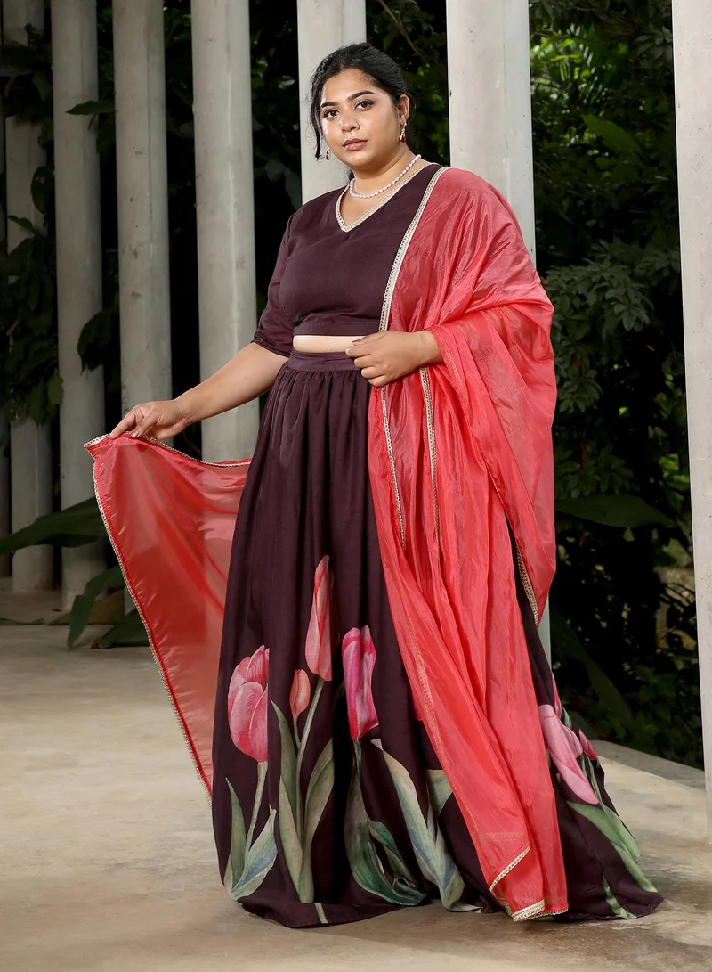 Instafab Plus  Instafab Plus Women's Burgundy Red Foliage-Roses Imprint Co-Ord Set For Ethnic Wear | V-Neck, Short Regular Sleeves | Floral Print Plain Fabric | 3 Piece Co-Ords For Evening & Party Wear for Women | Best Price UAE