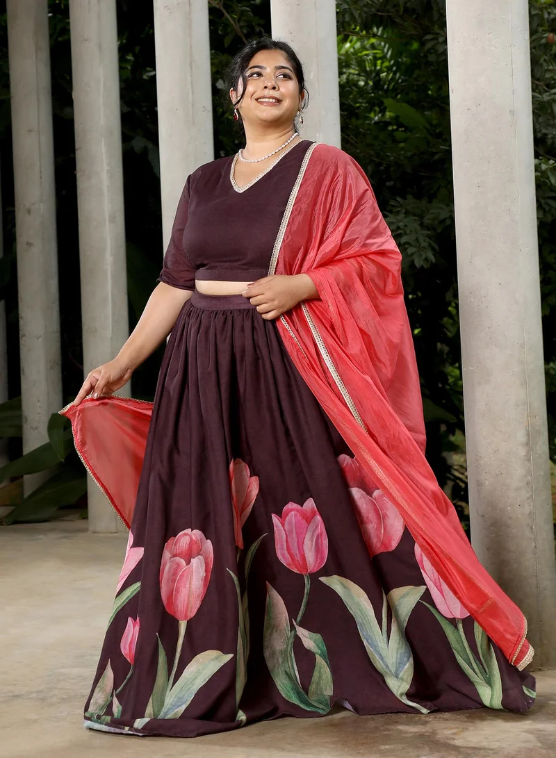 Instafab Plus Instafab Plus Women's Burgundy Red Foliage-Roses Imprint Co-Ord Set For Ethnic Wear | V-Neck, Short Regular Sleeves | Floral Print Plain Fabric | 3 Piece Co-Ords For Evening & Party Wear