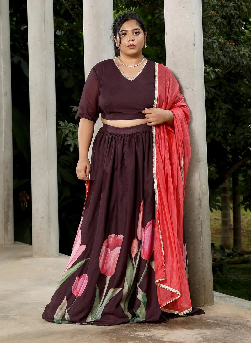 Instafab Plus  Instafab Plus Women's Burgundy Red Foliage-Roses Imprint Co-Ord Set For Ethnic Wear | V-Neck, Short Regular Sleeves | Floral Print Plain Fabric | 3 Piece Co-Ords For Evening & Party Wear for Women | Best Price UAE