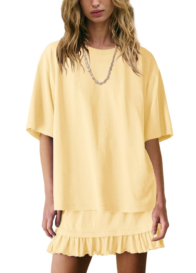Panadila Women 2 Piece Skirt Sets Casual Two Piece Skirt Set Short Sleeve Tops and Flowy Skirts Beach Outfits (Light Yellow,XS) - Image 1