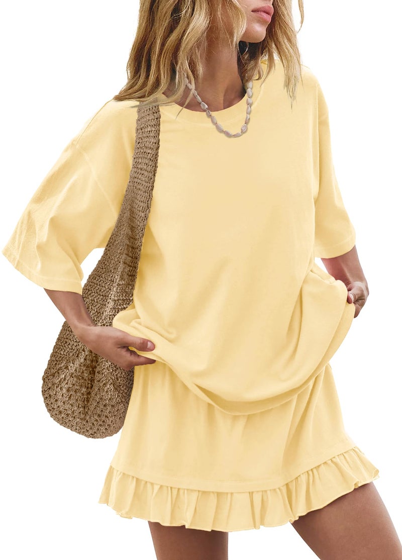 Panadila Women 2 Piece Skirt Sets Casual Two Piece Skirt Set Short Sleeve Tops and Flowy Skirts Beach Outfits (Light Yellow,XS) - Image 2