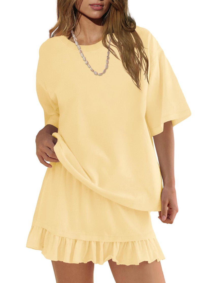 Panadila Women 2 Piece Skirt Sets Casual Two Piece Skirt Set Short Sleeve Tops and Flowy Skirts Beach Outfits (Light Yellow,XS) - Image 3