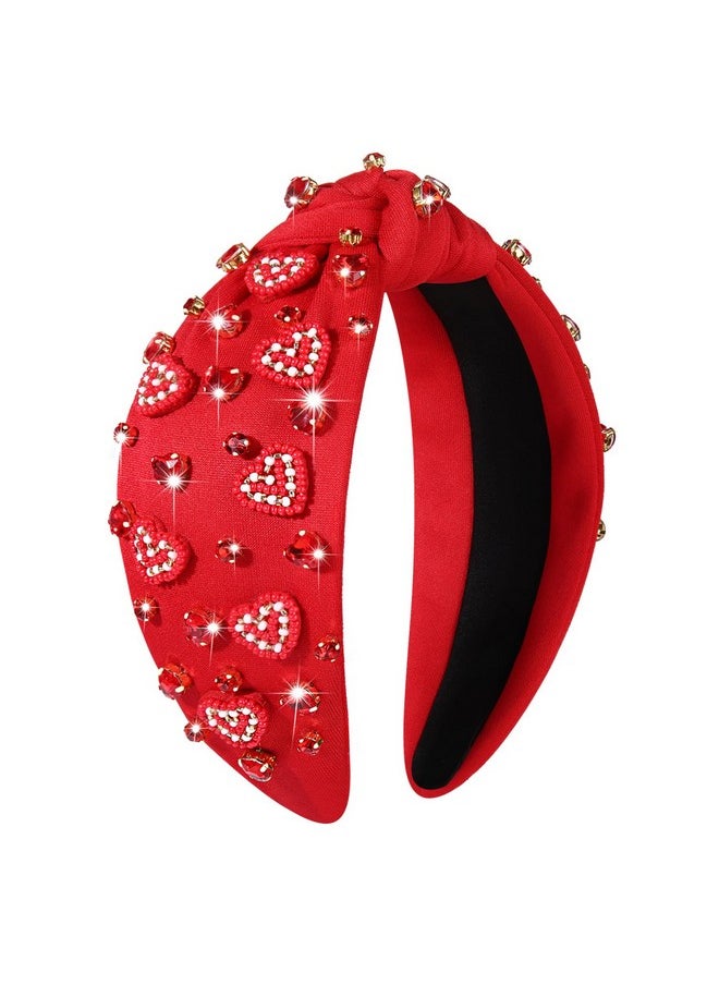 PHALIN - Valentine’S Day Headband For Women Beaded Heart Headbands Embellished Jeweled Heart Knotted Headband Pink Red Crystal Rhinestone Top Knot Headband Valentine’S Day Accessories Gifts (Style A) - Image 1