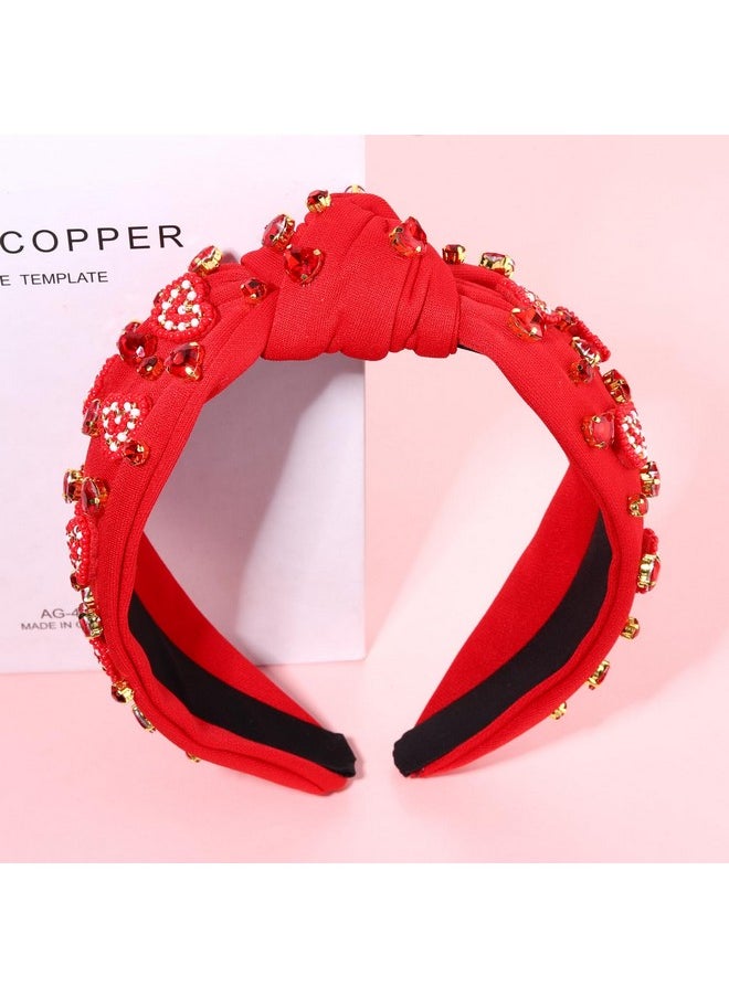 PHALIN - Valentine’S Day Headband For Women Beaded Heart Headbands Embellished Jeweled Heart Knotted Headband Pink Red Crystal Rhinestone Top Knot Headband Valentine’S Day Accessories Gifts (Style A) - Image 1