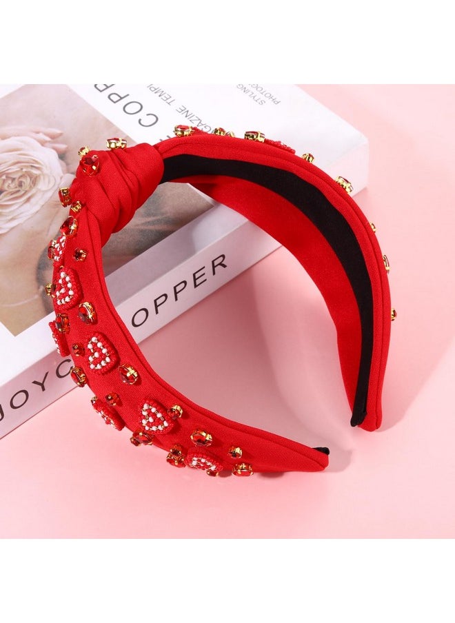 PHALIN - Valentine’S Day Headband For Women Beaded Heart Headbands Embellished Jeweled Heart Knotted Headband Pink Red Crystal Rhinestone Top Knot Headband Valentine’S Day Accessories Gifts (Style A) - Image 1