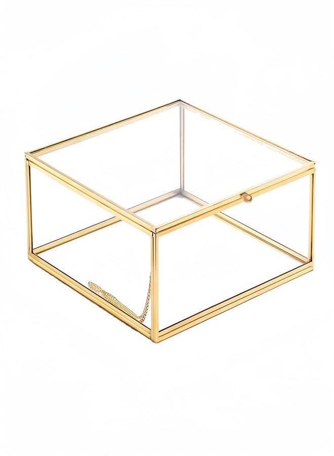 Feyarl Gold Glass Crowns Box Jewelry Trinket Ring Earring Keepsake Wedding Photo Cards Decorative Box Crystal Stones Display Holder Organizer for Birthday Dresser Tabletop（6.3 x 6.3 x 3.35inch - Image 1