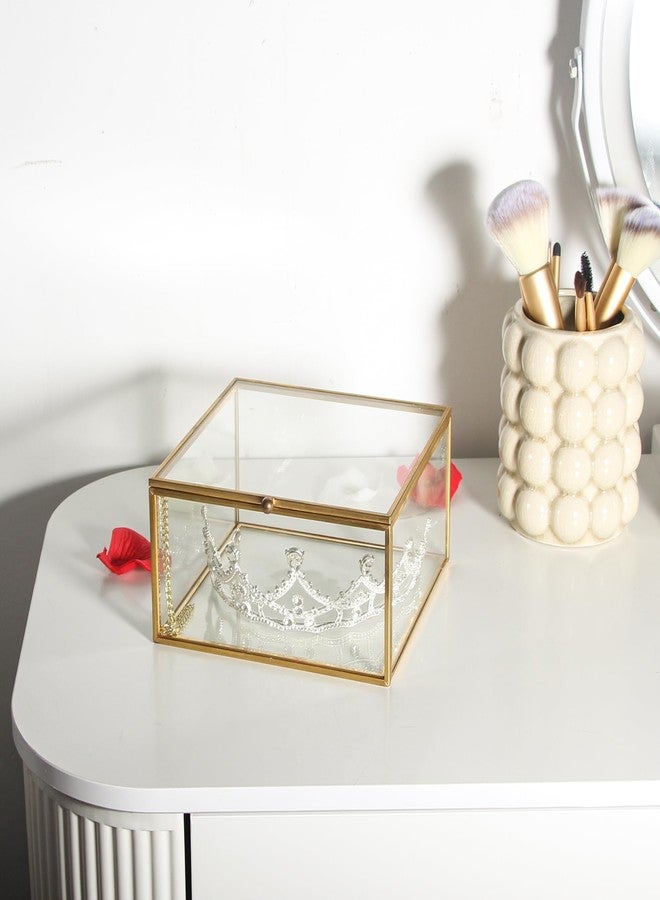 Feyarl Gold Glass Crowns Box Jewelry Trinket Ring Earring Keepsake Wedding Photo Cards Decorative Box Crystal Stones Display Holder Organizer for Birthday Dresser Tabletop（6.3 x 6.3 x 3.35inch - Image 4