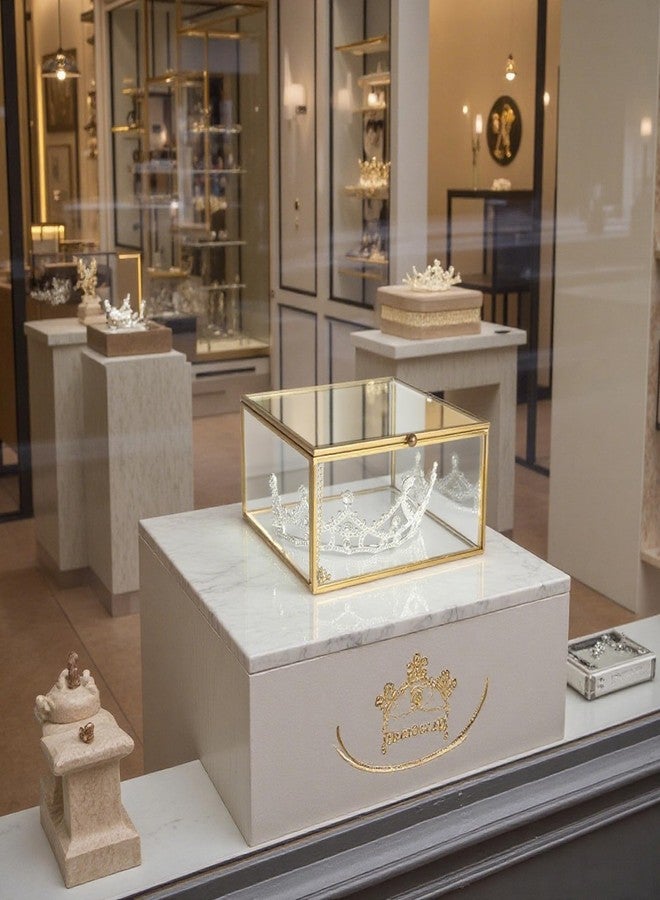 Feyarl Gold Glass Crowns Box Jewelry Trinket Ring Earring Keepsake Wedding Photo Cards Decorative Box Crystal Stones Display Holder Organizer for Birthday Dresser Tabletop（6.3 x 6.3 x 3.35inch - Image 3