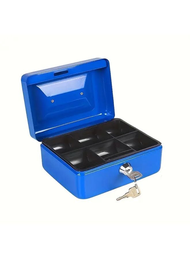 Blue Heavy Duty Safe Cash Box with Key Lock Large Capacity Money Tray - Image 1