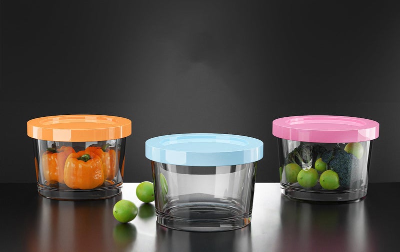 Genaric City Glass Alex Jar Bowl Set | Set of 3 Yogurt Bowl or Refrigerator Storage Containers | Clear Glass Fridge Container Set with Colored Plastic Lid 220ml