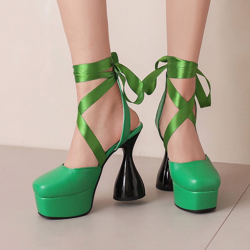 New 2024 Fashion High-Heeled Thick-Soled Wine Cup With 40-50 Plus Size Ankle Strap Square Sandals For Women - Image 2