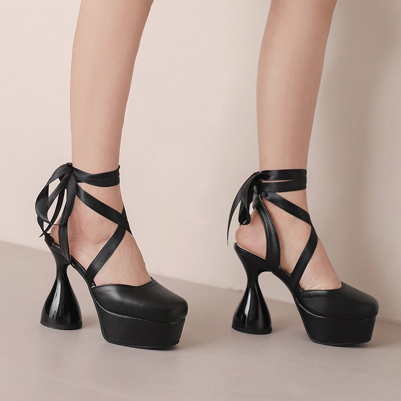 New 2024 Fashion High-Heeled Thick-Soled Wine Cup With 40-50 Plus Size Ankle Strap Square Sandals For Women - Image 3
