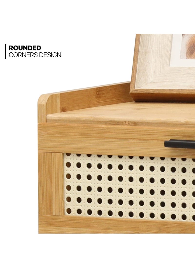 Arabest - Boho Nightstand with 3 Drawers Rattan Pattern Modern End Table, 20" Bamboo Sofa Side Table Bedside Table for Small Space, Accent Side Table Chest of Drawers for Bedroom Living Room, Natural - Image 1
