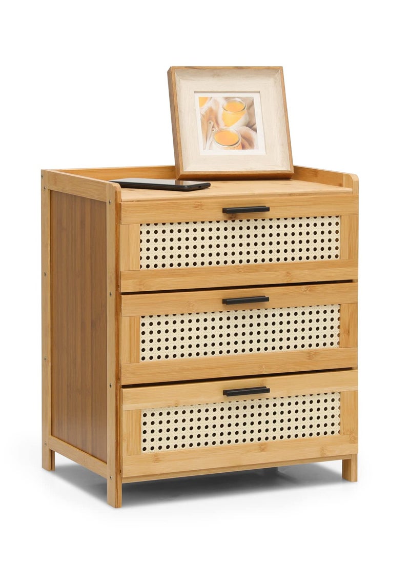 Arabest - Boho Nightstand with 3 Drawers Rattan Pattern Modern End Table, 20" Bamboo Sofa Side Table Bedside Table for Small Space, Accent Side Table Chest of Drawers for Bedroom Living Room, Natural - Image 1