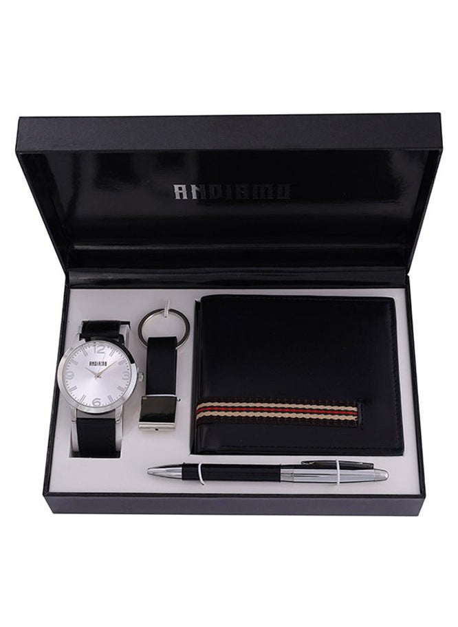 ANDIAMO Men's Analog Silver Case White Dial Black Leather Strap, Leather Wallet, Key Chain 