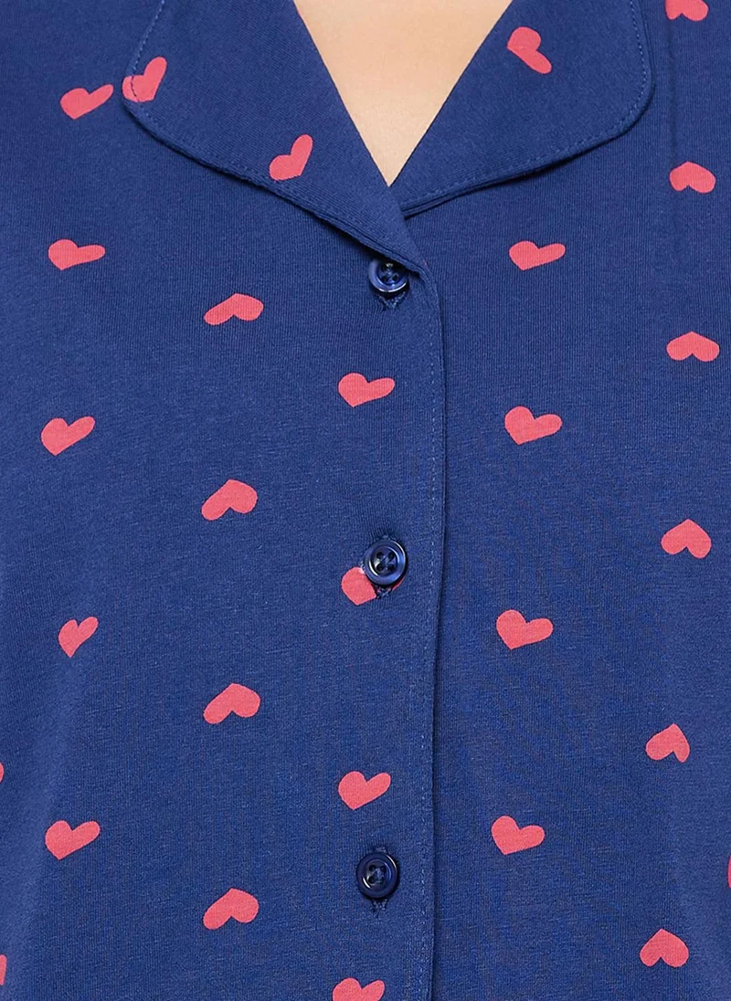 Clovia Clovia Heart Print Button Down Shirt & Shorts Set in Dark Blue - 100% Cotton