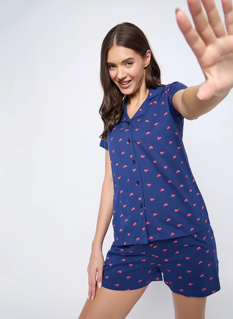 Clovia Clovia Heart Print Button Down Shirt & Shorts Set in Dark Blue - 100% Cotton