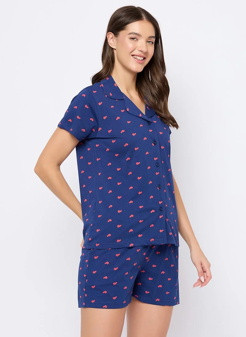 Clovia Clovia Heart Print Button Down Shirt & Shorts Set in Dark Blue - 100% Cotton