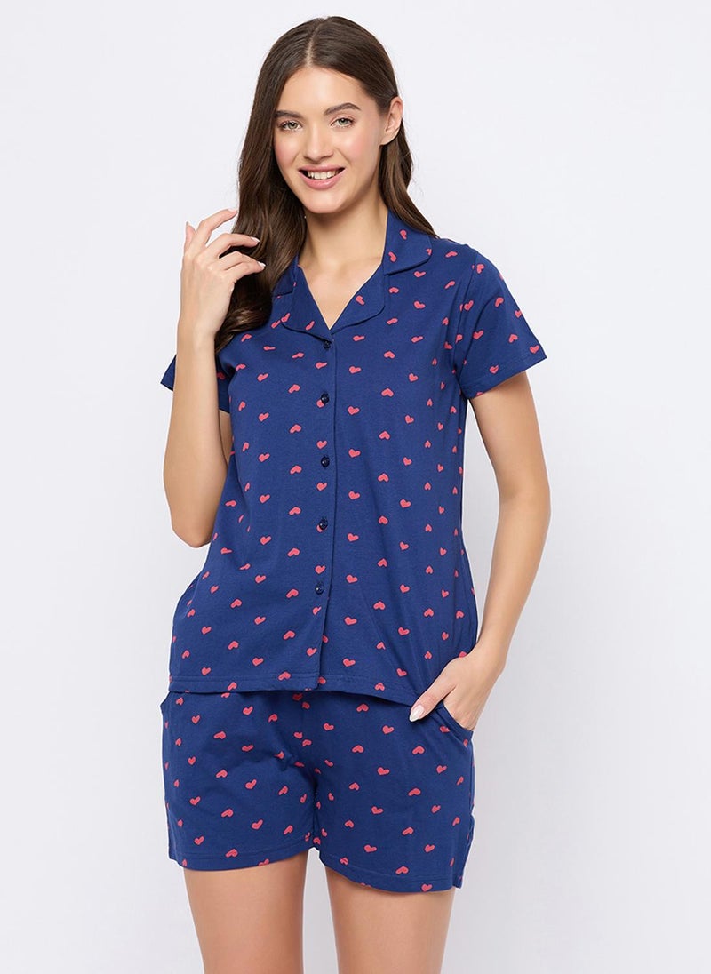 Clovia Heart Print Button Down Shirt & Shorts Set in Dark Blue - 100% Cotton - Image 2