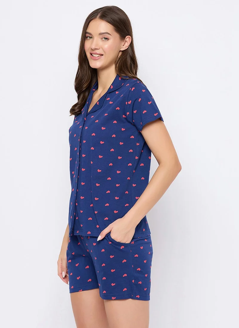 Clovia Clovia Heart Print Button Down Shirt & Shorts Set in Dark Blue - 100% Cotton