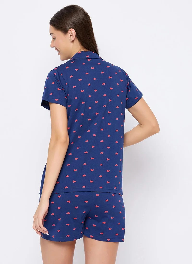 Clovia Clovia Heart Print Button Down Shirt & Shorts Set in Dark Blue - 100% Cotton