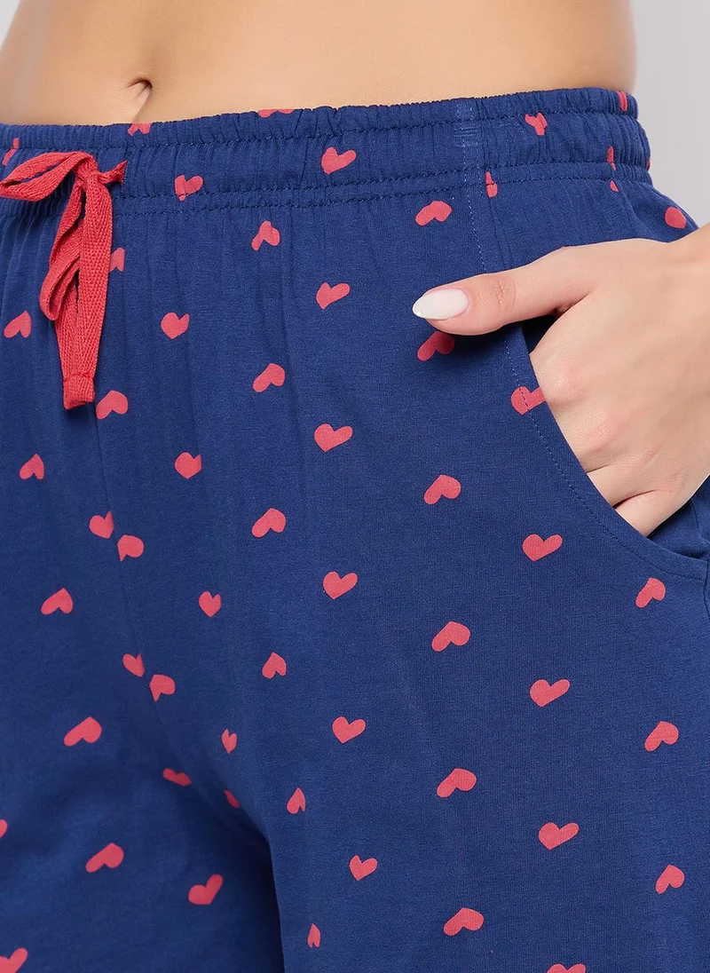 Clovia Clovia Heart Print Button Down Shirt & Shorts Set in Dark Blue - 100% Cotton