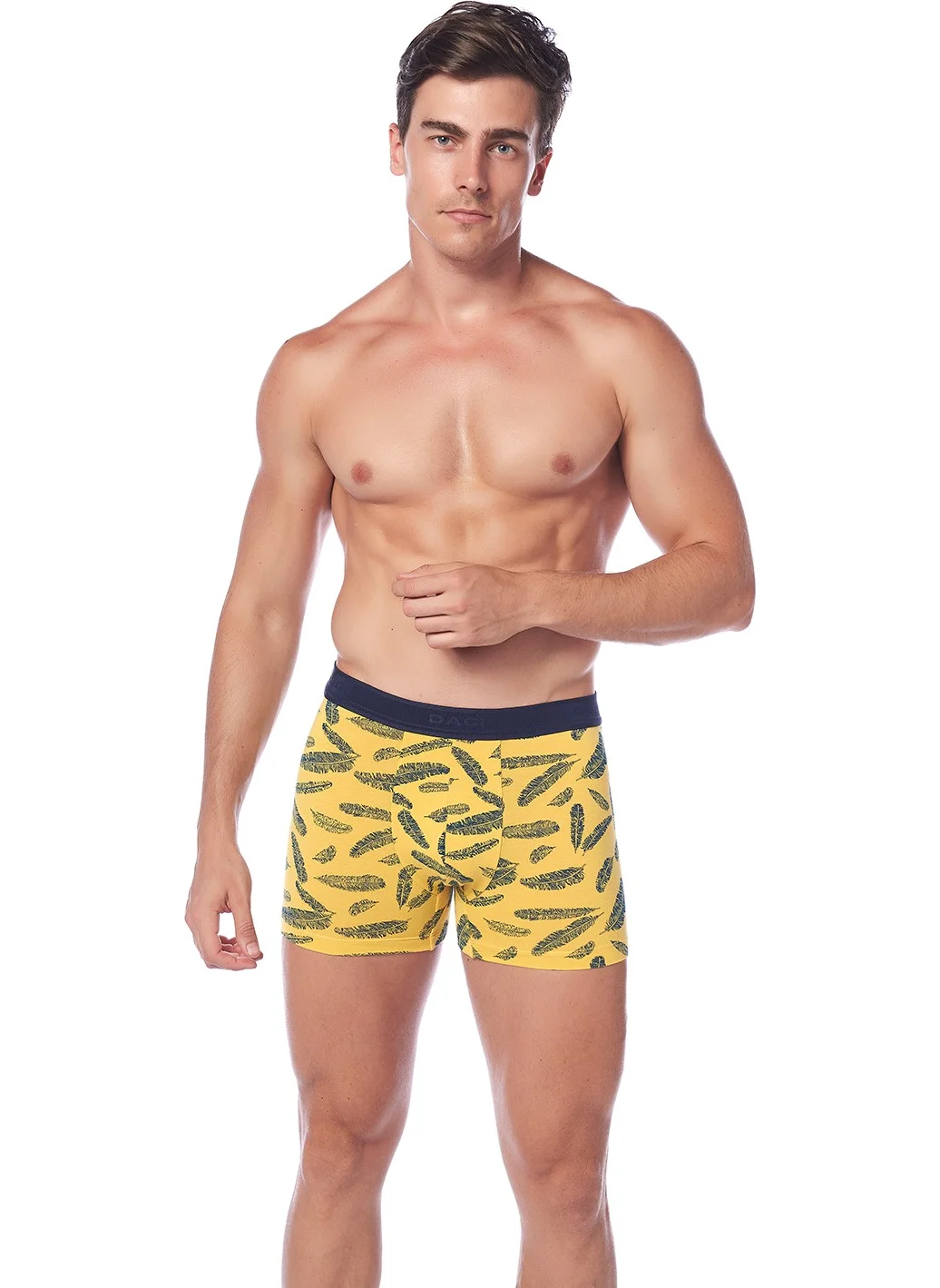 داجي Yellow-Navy Blue Compact Leaf Patterned Boxer