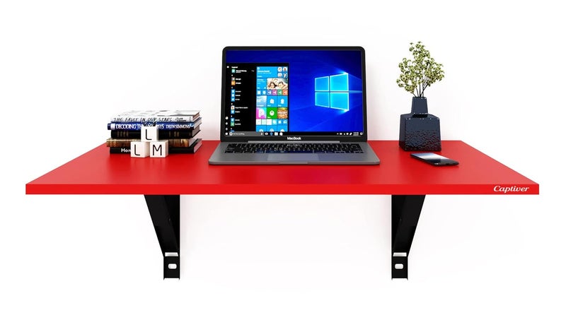 Captiver Elara Engineered Wood Wall Mounted Multipurpose Foldable Study Table Matte Red Office Living Room Kitchen Storage Platform Big Printer Furniture Wooden Board Items