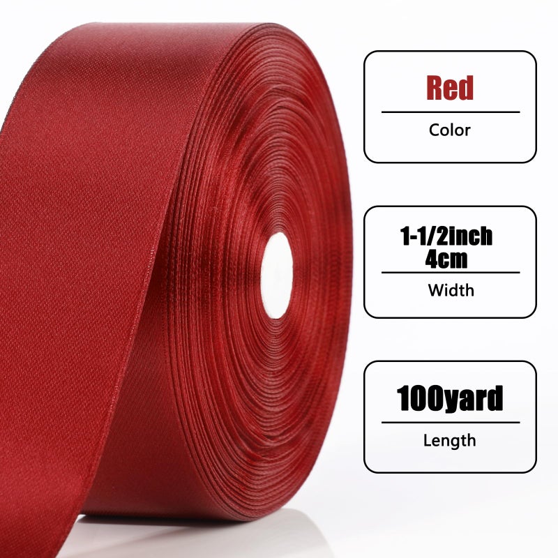 NESCCI 100 Yards Ribbon,1-1/2 Inch Wine Red Satin Ribbon,Single Face Satin Ribbons, Perfect for Gift Wrapping,Wedding Decoration,Handmade Bows, Wrapping Bouquet and More - Image 2