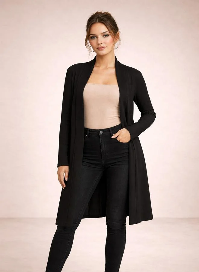 Take Two Women Black Solid Ribbed Longline Open Front Shrug By Gravt