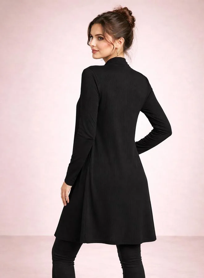 Take Two Women Black Solid Ribbed Longline Open Front Shrug By Gravt