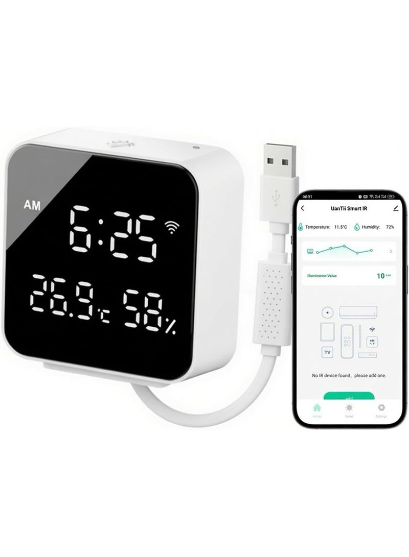 م.ا & ف'س جهاز تحكم ذكي شامل (5 في 1) يعمل بالأشعة تحت الحمراء (IR) عبر شبكة WiFi (منصة Tuya)، مزود بمستشعرات لدرجة الحرارة والرطوبة ومستوى الإضاءة وخاصية الإضاءة الخلفية؛ مخصص للتحكم في مكيفات الهواء وأجهزة التلفاز والمراوح والإضاءة، ومتوافق مع Alexa وGoogle Home. - Image 1