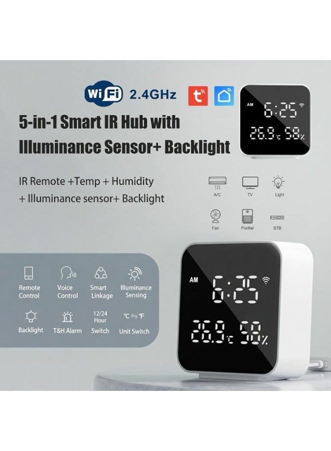 م.ا & ف'س جهاز تحكم ذكي شامل (5 في 1) يعمل بالأشعة تحت الحمراء (IR) عبر شبكة WiFi (منصة Tuya)، مزود بمستشعرات لدرجة الحرارة والرطوبة ومستوى الإضاءة وخاصية الإضاءة الخلفية؛ مخصص للتحكم في مكيفات الهواء وأجهزة التلفاز والمراوح والإضاءة، ومتوافق مع Alexa وGoogle Home. - Image 3