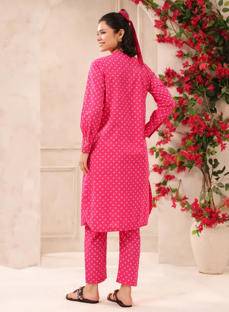 باناش برييا طقم كوردي قطن بيور بطبعة بانداني وردي للنساء - طقم كورتا وبنطلون -، ملابس هندية عرقية كاجوال للمكتب