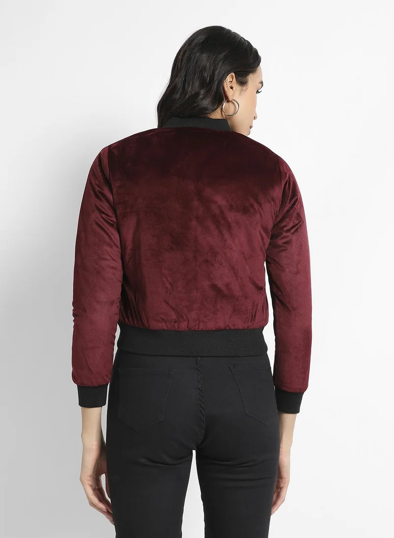 Campus Sutra Women's Maroon Velvet Bomber Jacket With Ribbed Hem