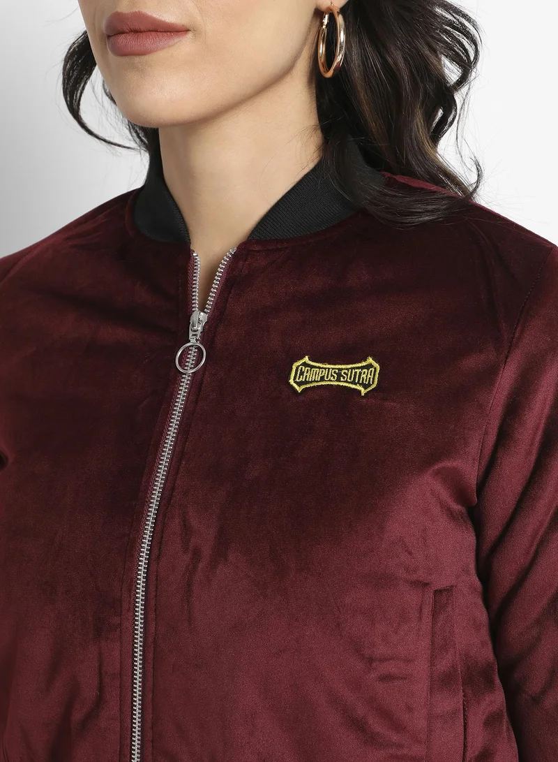 Campus Sutra Women's Maroon Velvet Bomber Jacket With Ribbed Hem