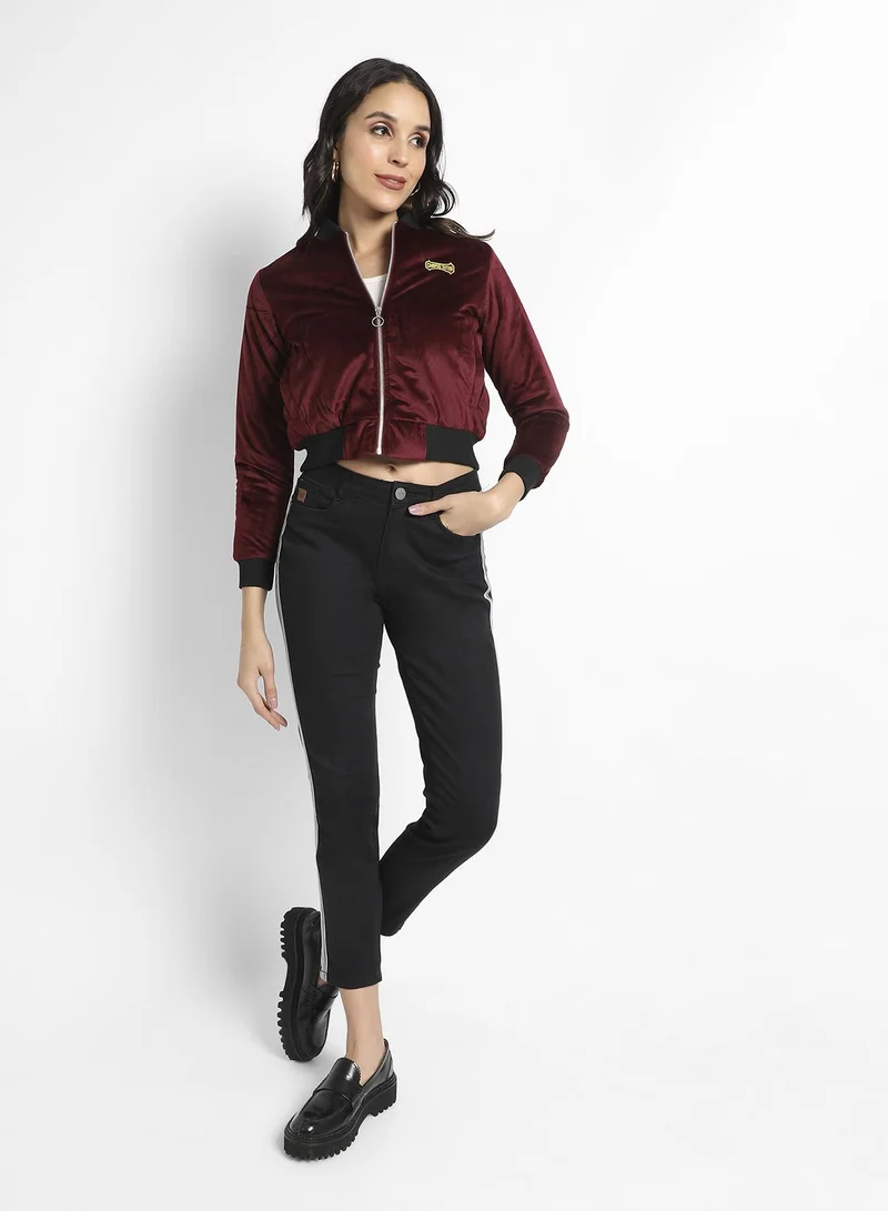 Campus Sutra Women's Maroon Velvet Bomber Jacket With Ribbed Hem