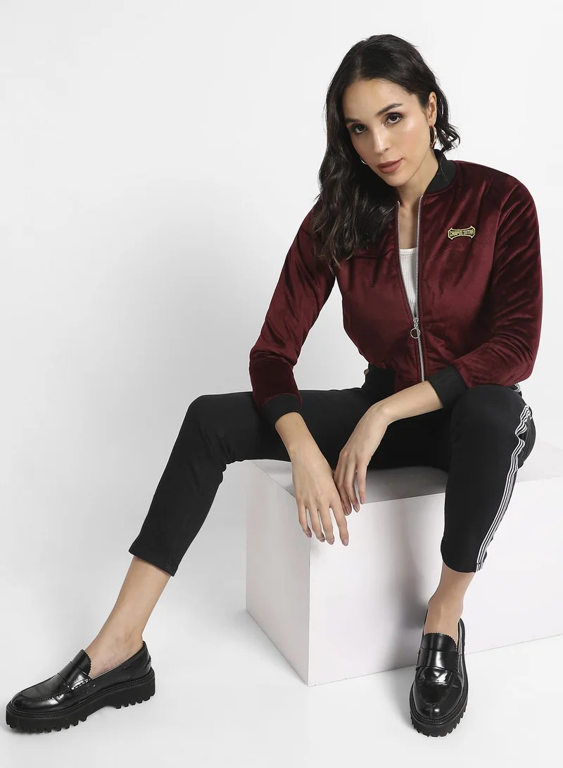 Campus Sutra Women's Maroon Velvet Bomber Jacket With Ribbed Hem