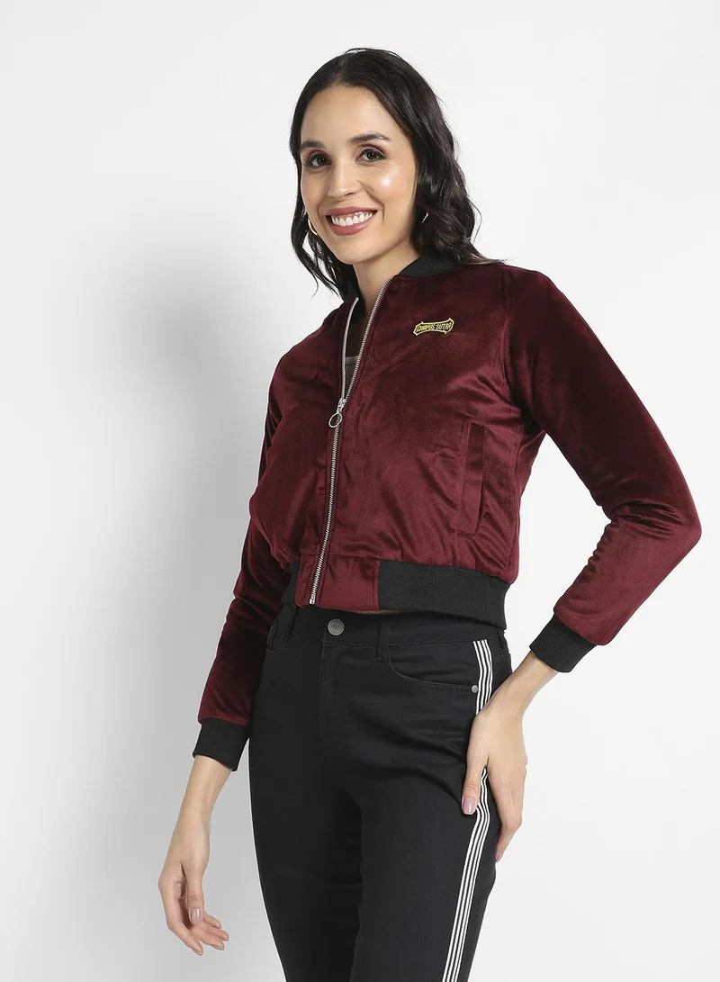 Campus Sutra Women's Maroon Velvet Bomber Jacket With Ribbed Hem