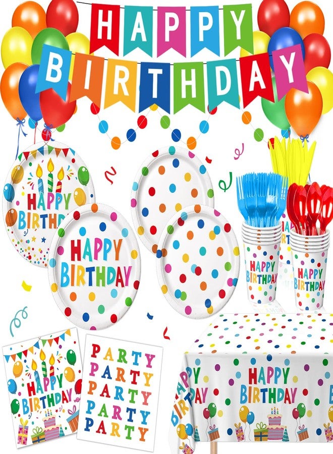 LINHAXM Happy Birthday Decorations - Birthday Party Decorations Includes Plates, Napkins, Cups, Cutlery, Banner, Hanging Swirl, Tablecloth, Balloon for Boy Girl Birthday Decorations, Serves 24 - Image 1