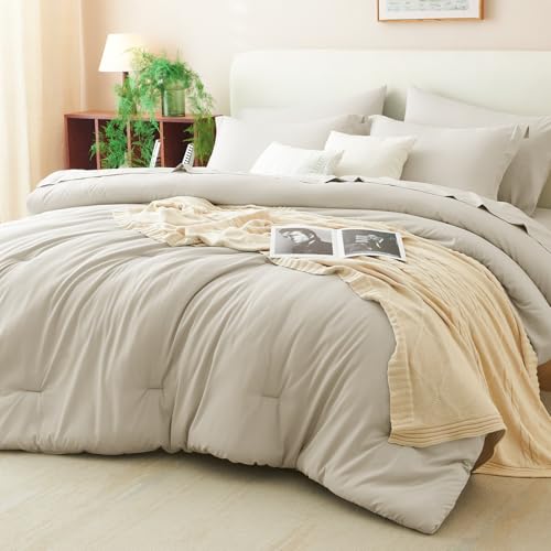 CozyLux King Comforter Set Beige, 7 Pieces Bed in a Bag Soft Bedding Comforter Set with Sheets, All Season Boho 7PC Bed Sets with Comforter, Fitted Sheets, Flat Sheets, Pillow Shams and Pillowcases - Image 1