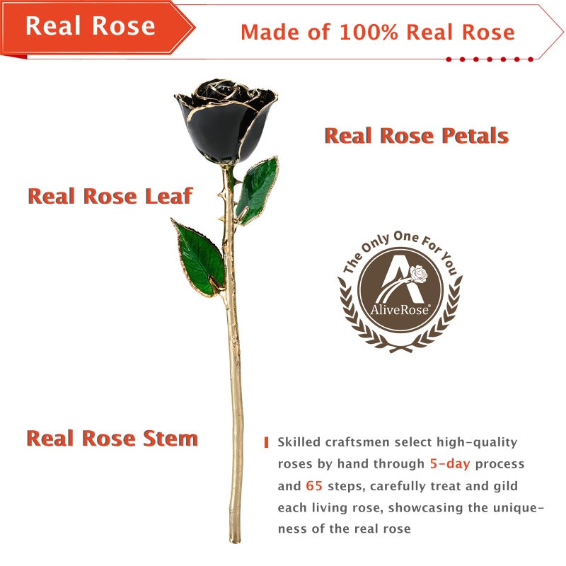 AliveRose Anniversary Day Gift for Girlfriend Rose 24K Gold Dipped Rose Made from Real Rose - Unique Design Gold Plated Rose for Valentines Gifts (Balck Handmade Rose with Crystal Base) - Image 2
